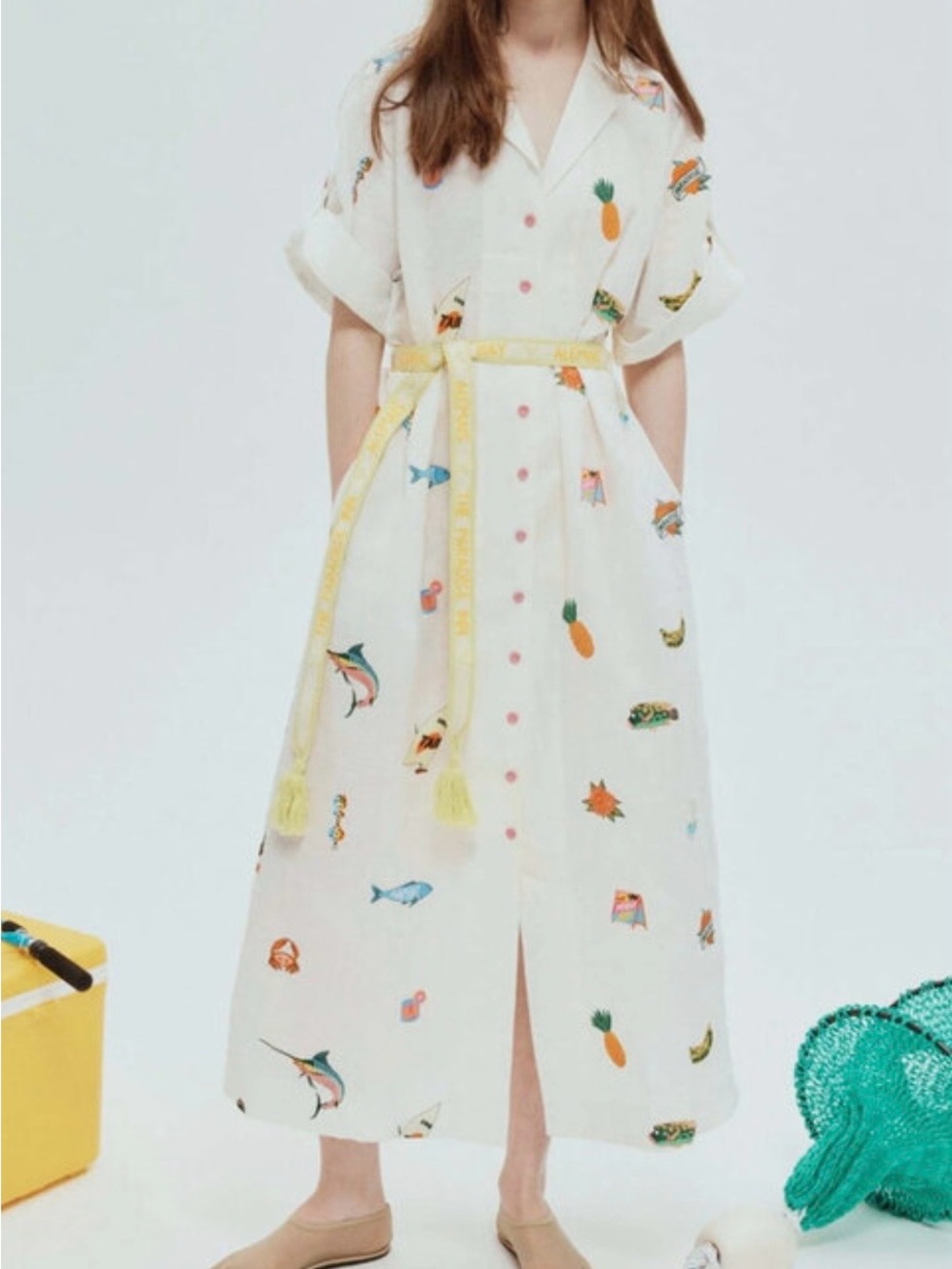 Alemais White Tropically  Embroidered Button-Front Midi Linen Shirt Dress